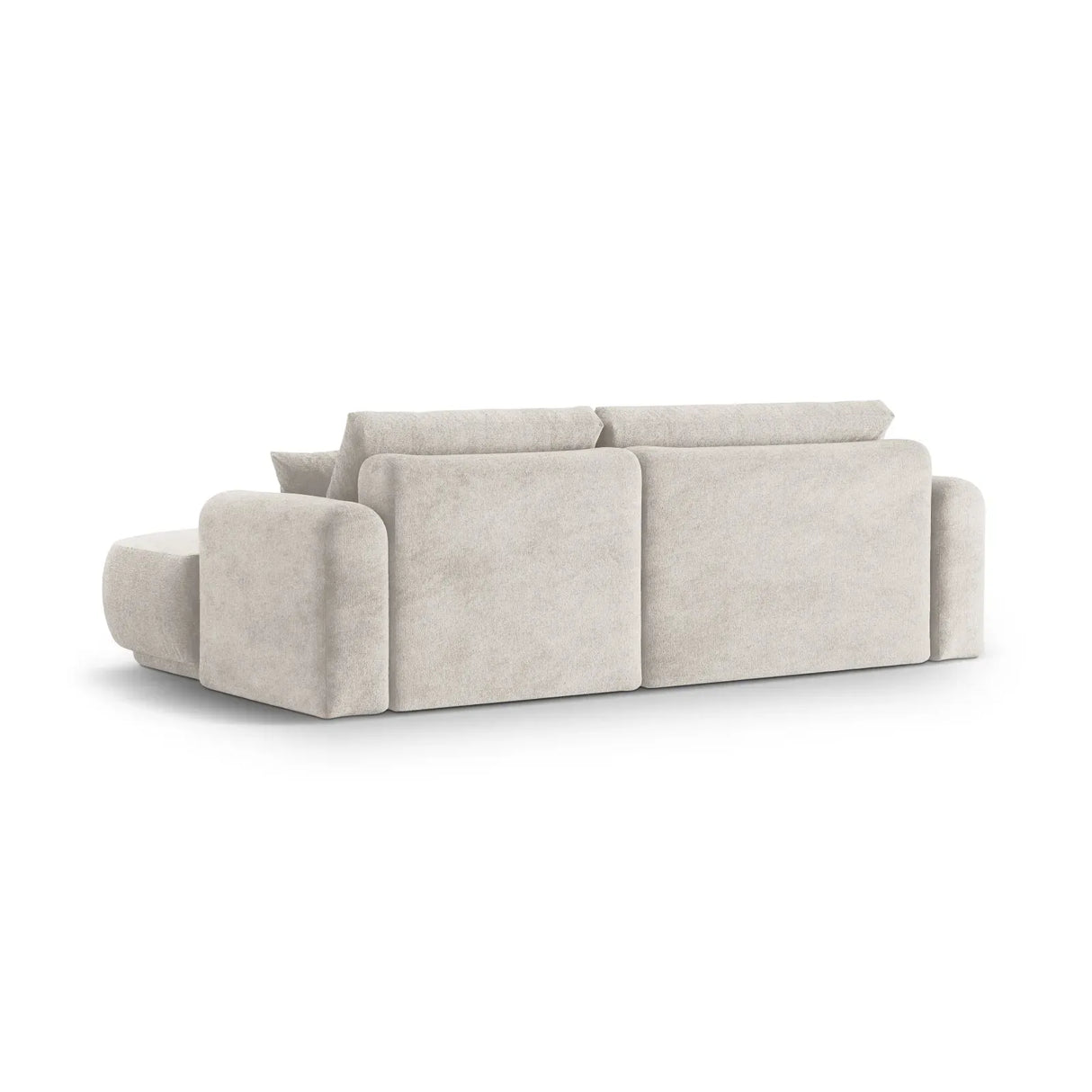 Canapé d'angle droit Ella 4 places avec fonction couchage et coffre de rangement. Revêtement en velours, tissu structuré ou bouclé, 271 x 174 cm.