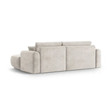 Canapé d'angle droit Ella 4 places avec fonction couchage et coffre de rangement. Revêtement en velours, tissu structuré ou bouclé, 271 x 174 cm.