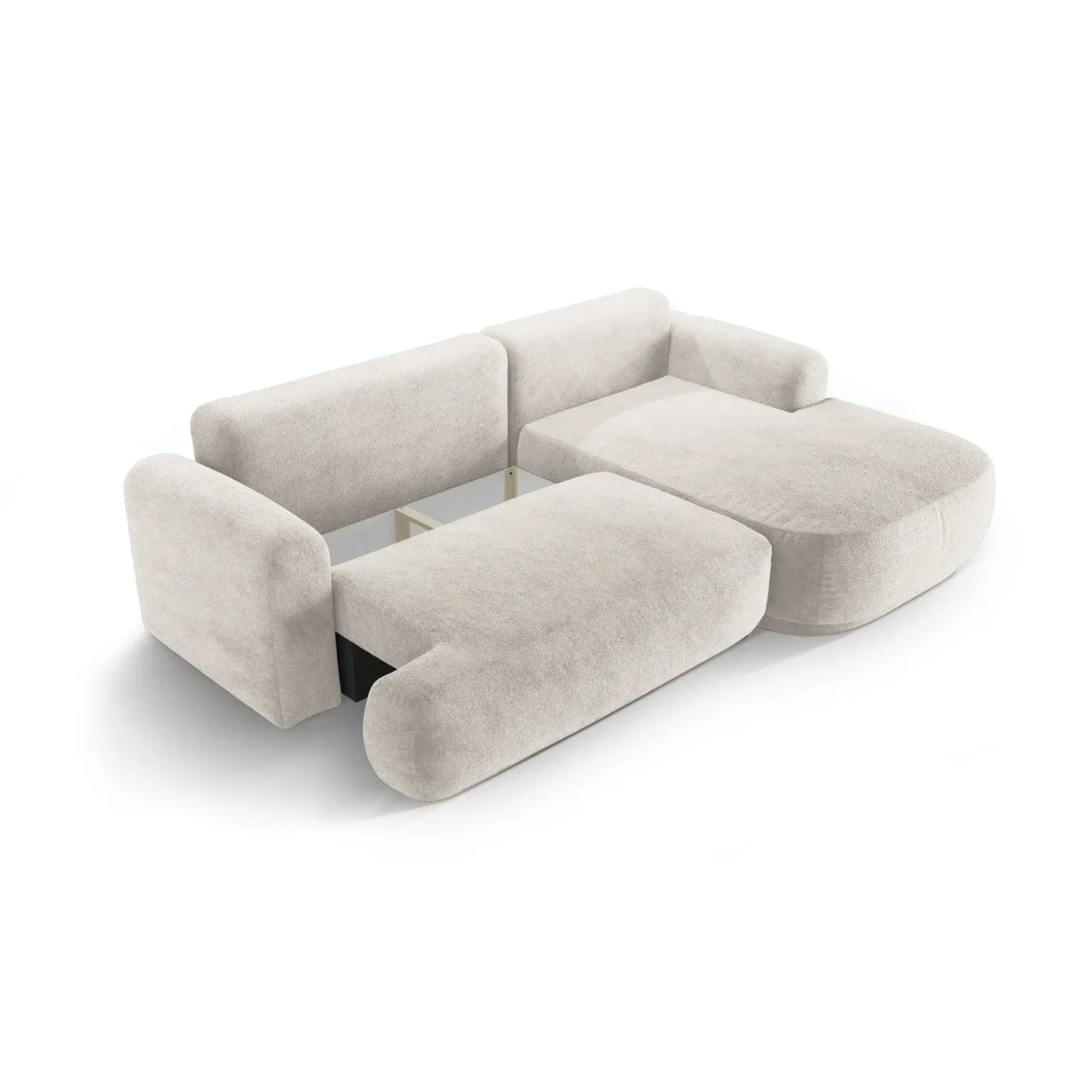Canapé d'angle droit Ella 4 places avec fonction couchage et coffre de rangement. Revêtement en velours, tissu structuré ou bouclé, 271 x 174 cm.