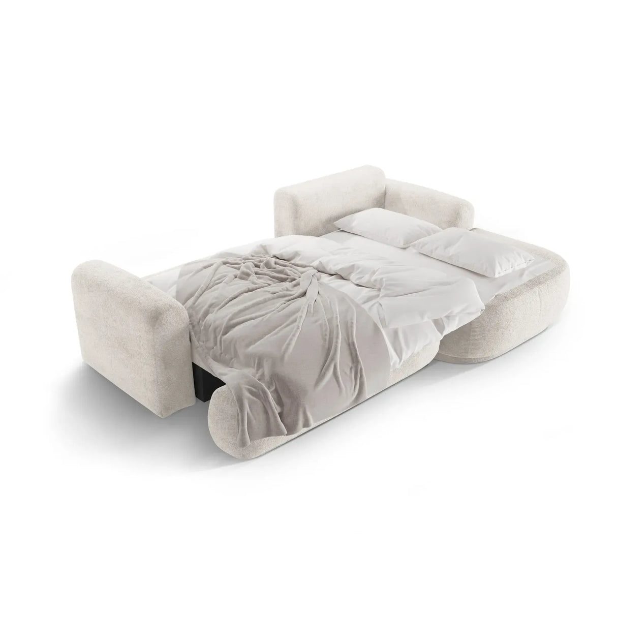 Canapé d'angle droit Ella 4 places avec fonction couchage et coffre de rangement. Revêtement en velours, tissu structuré ou bouclé, 271 x 174 cm.