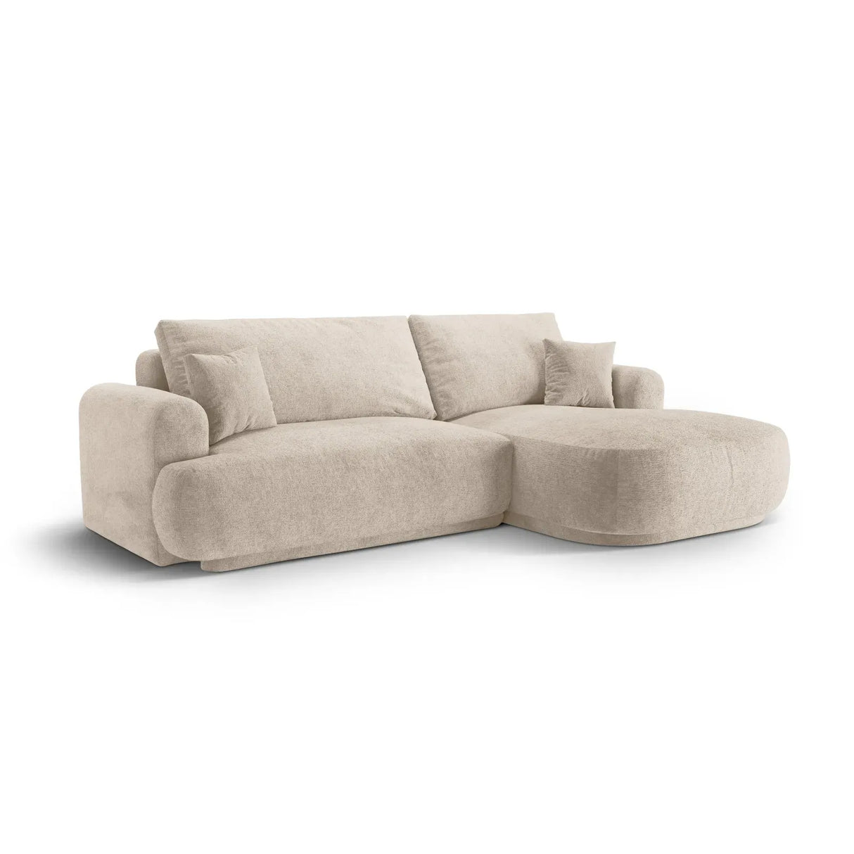 Canapé d'angle droit Ella 4 places avec fonction couchage et coffre de rangement. Revêtement en velours, tissu structuré ou bouclé, 271 x 174 cm.