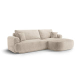 Canapé d'angle droit Ella 4 places avec fonction couchage et coffre de rangement. Revêtement en velours, tissu structuré ou bouclé, 271 x 174 cm.