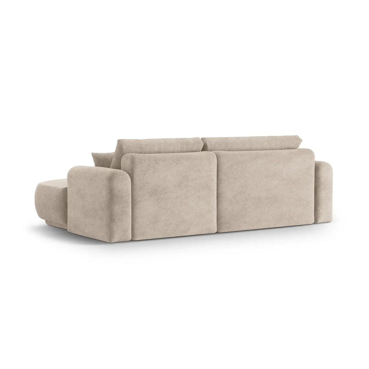 Canapé d'angle droit Ella 4 places avec fonction couchage et coffre de rangement. Revêtement en velours, tissu structuré ou bouclé, 271 x 174 cm.