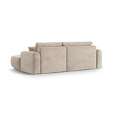 Canapé d'angle droit Ella 4 places avec fonction couchage et coffre de rangement. Revêtement en velours, tissu structuré ou bouclé, 271 x 174 cm.