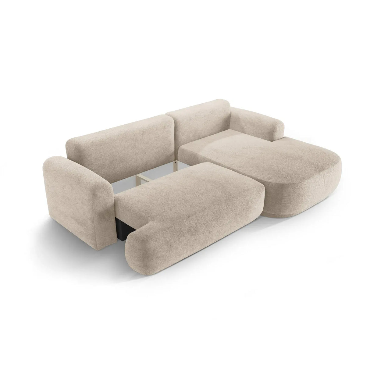 Canapé d'angle droit Ella 4 places avec fonction couchage et coffre de rangement. Revêtement en velours, tissu structuré ou bouclé, 271 x 174 cm.