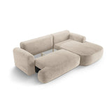 Canapé d'angle droit Ella 4 places avec fonction couchage et coffre de rangement. Revêtement en velours, tissu structuré ou bouclé, 271 x 174 cm.