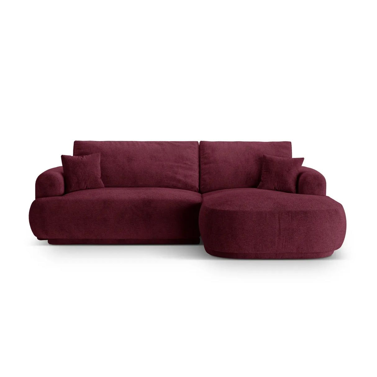 Canapé d'angle droit Ella 4 places avec fonction couchage et coffre de rangement. Revêtement en velours, tissu structuré ou bouclé, 271 x 174 cm.