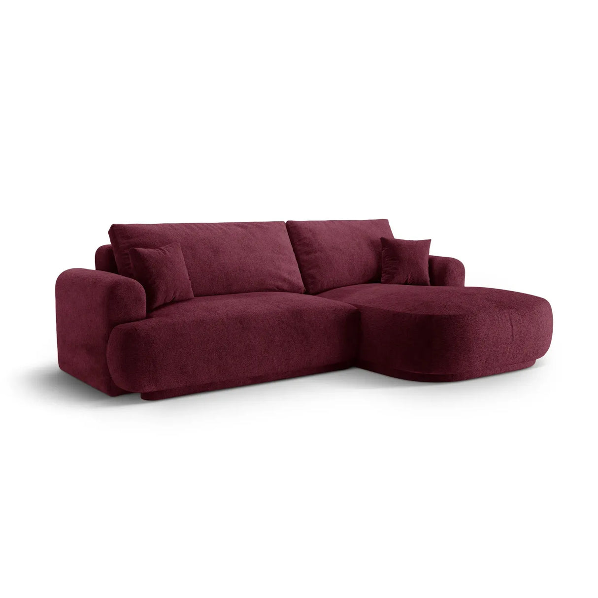 Canapé d'angle droit Ella 4 places avec fonction couchage et coffre de rangement. Revêtement en velours, tissu structuré ou bouclé, 271 x 174 cm.