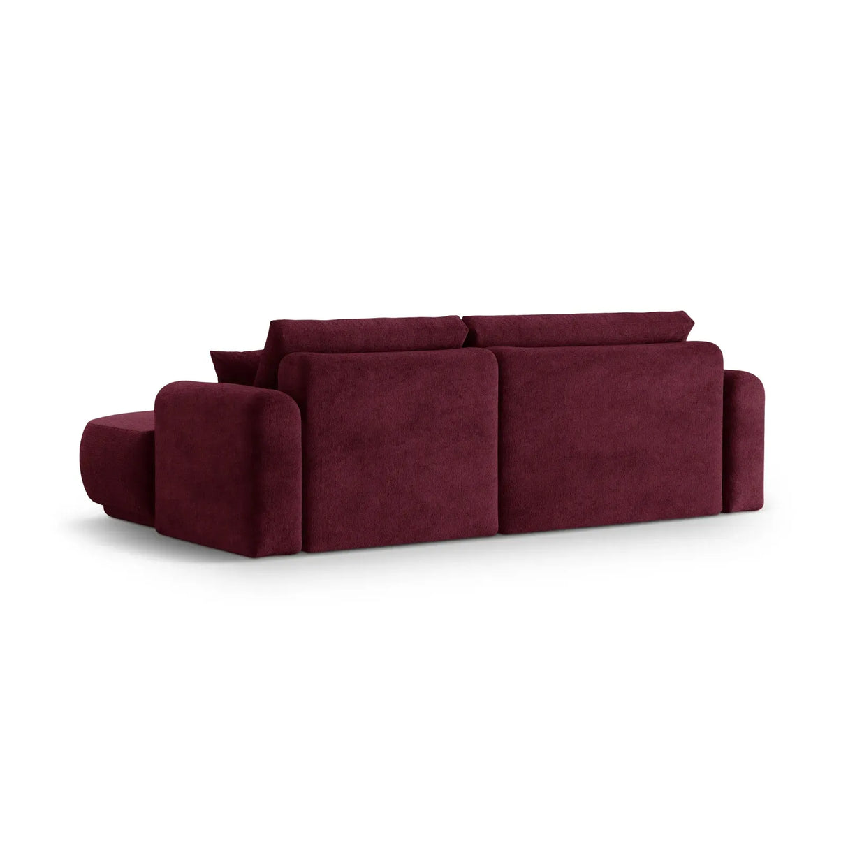 Canapé d'angle droit Ella 4 places avec fonction couchage et coffre de rangement. Revêtement en velours, tissu structuré ou bouclé, 271 x 174 cm.
