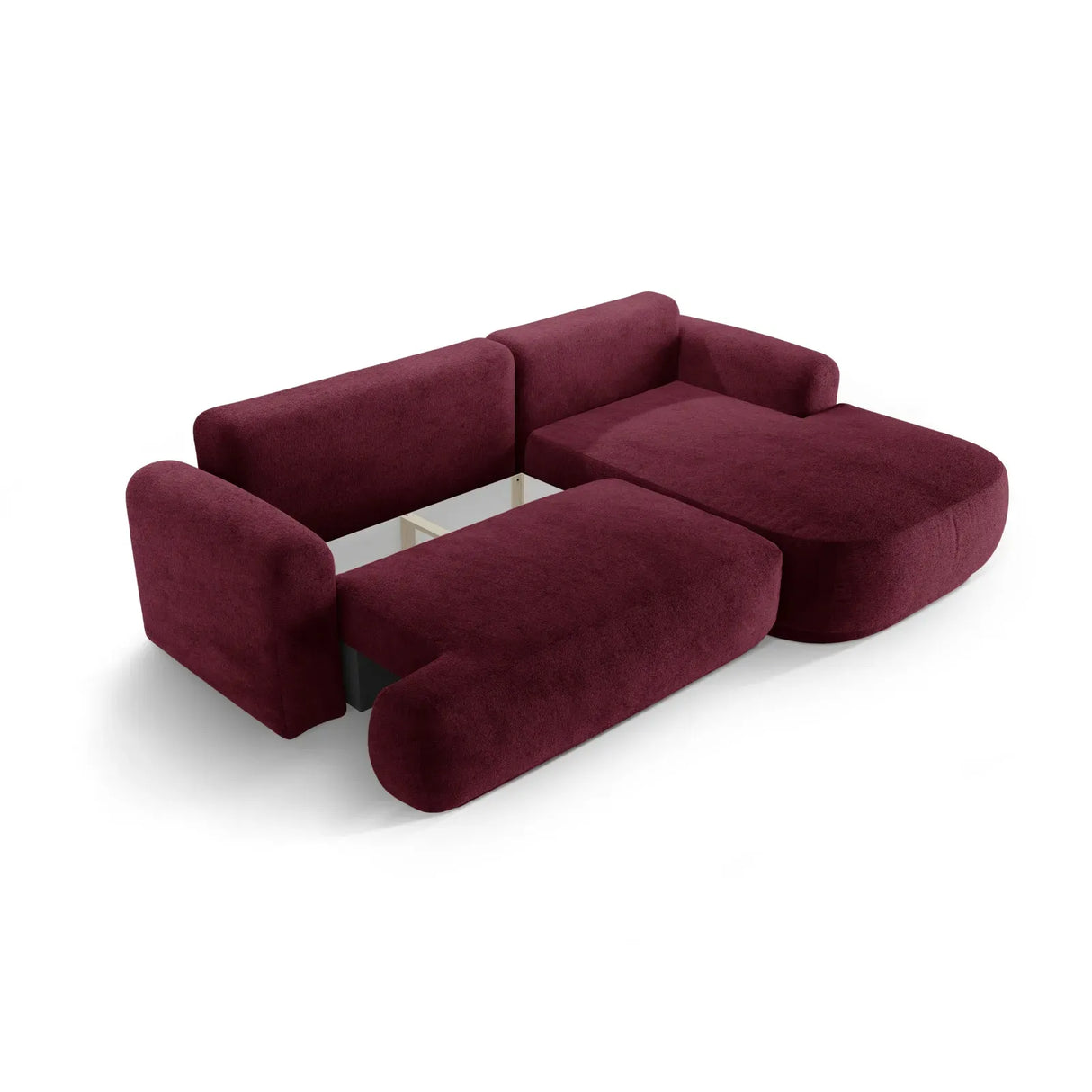 Canapé d'angle droit Ella 4 places avec fonction couchage et coffre de rangement. Revêtement en velours, tissu structuré ou bouclé, 271 x 174 cm.