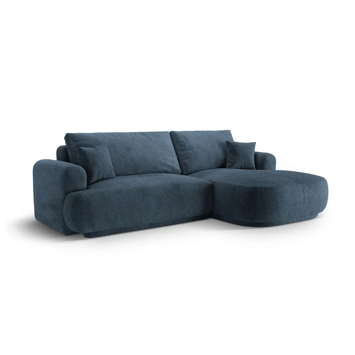 Canapé d'angle droit Ella 4 places avec fonction couchage et coffre de rangement. Revêtement en velours, tissu structuré ou bouclé, 271 x 174 cm.