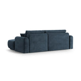 Canapé d'angle droit Ella 4 places avec fonction couchage et coffre de rangement. Revêtement en velours, tissu structuré ou bouclé, 271 x 174 cm.
