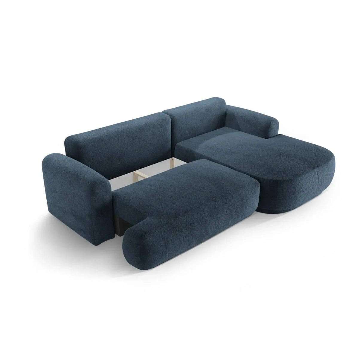 Canapé d'angle droit Ella 4 places avec fonction couchage et coffre de rangement. Revêtement en velours, tissu structuré ou bouclé, 271 x 174 cm.