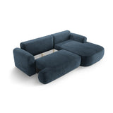 Canapé d'angle droit Ella 4 places avec fonction couchage et coffre de rangement. Revêtement en velours, tissu structuré ou bouclé, 271 x 174 cm.