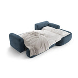 Canapé d'angle droit Ella 4 places avec fonction couchage et coffre de rangement. Revêtement en velours, tissu structuré ou bouclé, 271 x 174 cm.