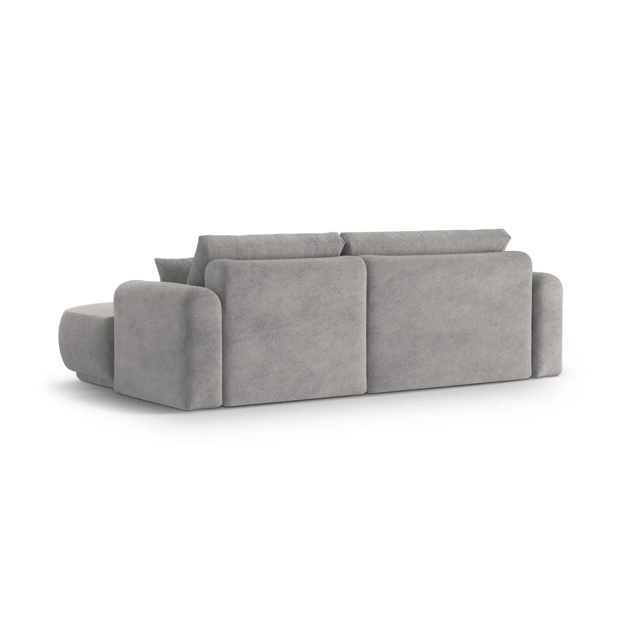 Canapé d'angle droit Ella 4 places avec fonction couchage et coffre de rangement. Revêtement en velours, tissu structuré ou bouclé, 271 x 174 cm.