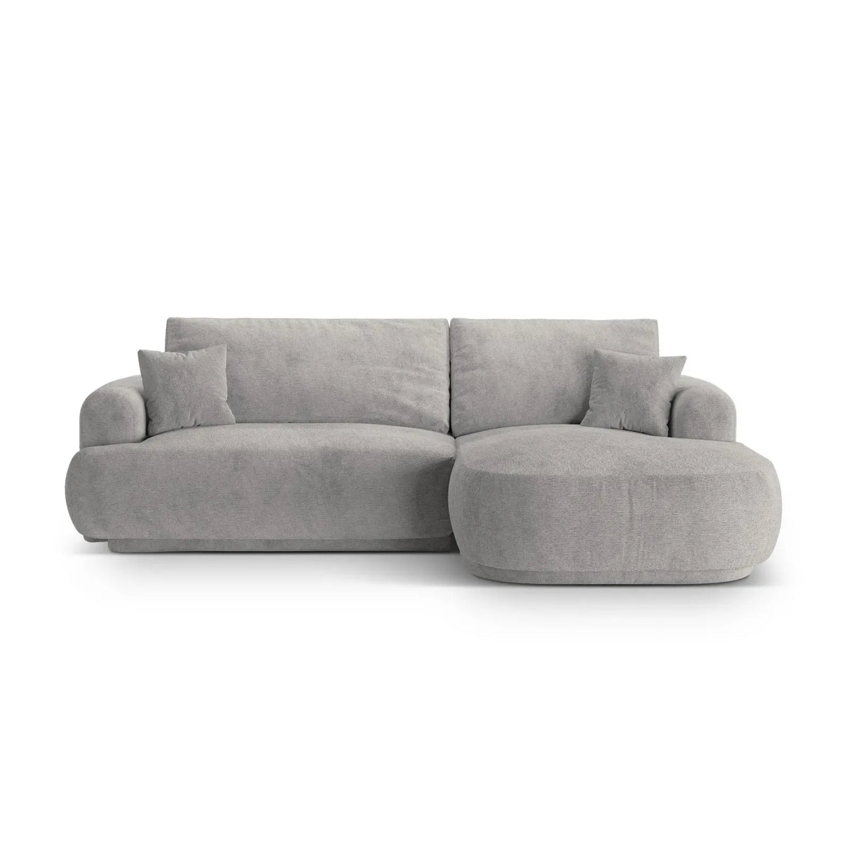 Canapé d'angle droit Ella 4 places avec fonction couchage et coffre de rangement. Revêtement en velours, tissu structuré ou bouclé, 271 x 174 cm.