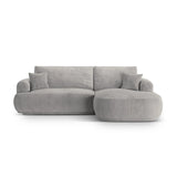 Canapé d'angle droit Ella 4 places avec fonction couchage et coffre de rangement. Revêtement en velours, tissu structuré ou bouclé, 271 x 174 cm.