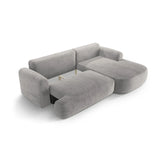Canapé d'angle droit Ella 4 places avec fonction couchage et coffre de rangement. Revêtement en velours, tissu structuré ou bouclé, 271 x 174 cm.