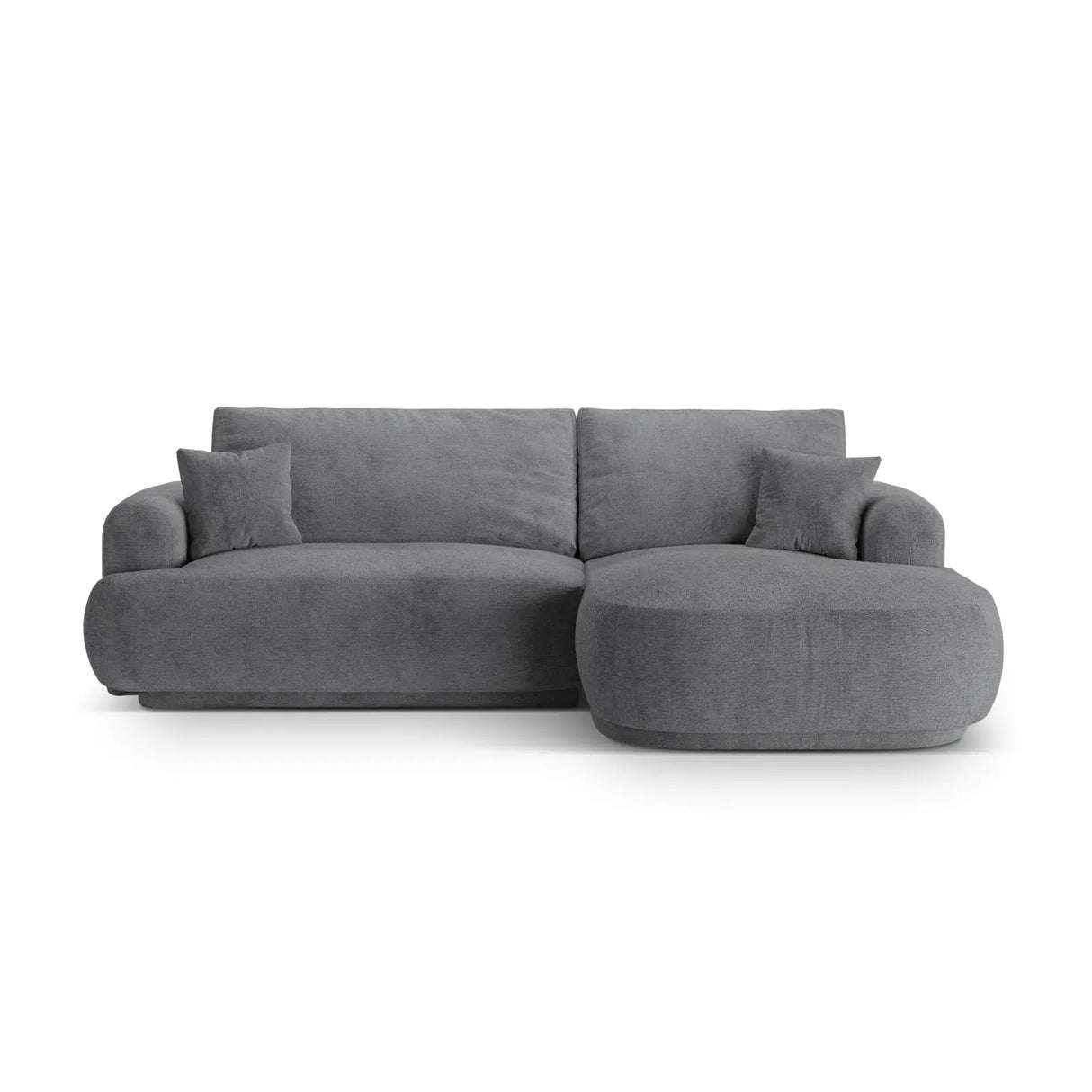 Canapé d'angle droit Ella 4 places avec fonction couchage et coffre de rangement. Revêtement en velours, tissu structuré ou bouclé, 271 x 174 cm.