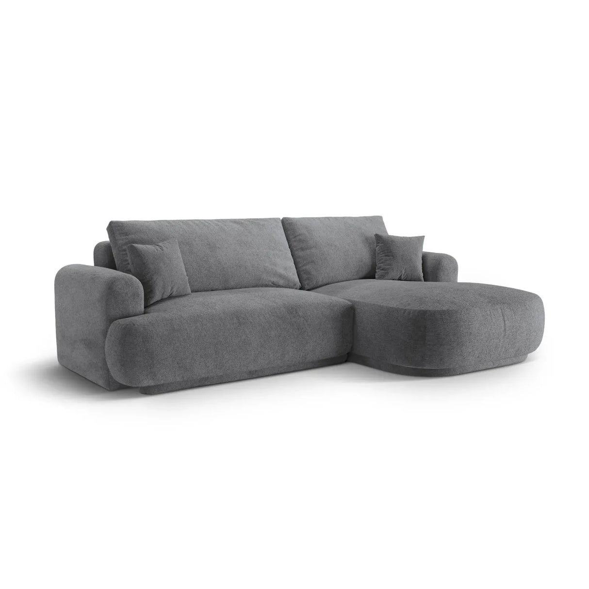 Canapé d'angle droit Ella 4 places avec fonction couchage et coffre de rangement. Revêtement en velours, tissu structuré ou bouclé, 271 x 174 cm.