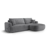 Canapé d'angle droit Ella 4 places avec fonction couchage et coffre de rangement. Revêtement en velours, tissu structuré ou bouclé, 271 x 174 cm.
