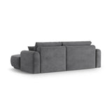 Canapé d'angle droit Ella 4 places avec fonction couchage et coffre de rangement. Revêtement en velours, tissu structuré ou bouclé, 271 x 174 cm.