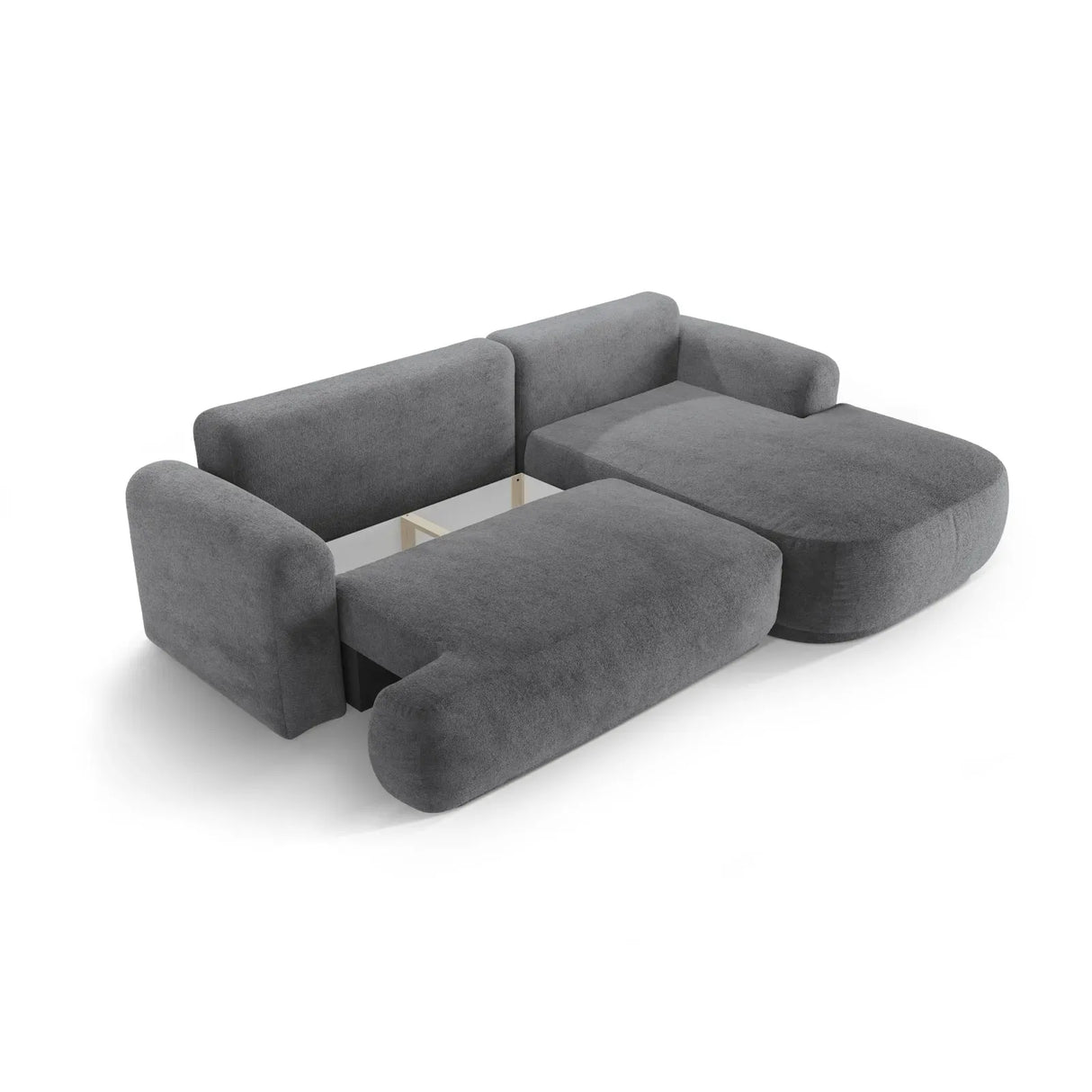Canapé d'angle droit Ella 4 places avec fonction couchage et coffre de rangement. Revêtement en velours, tissu structuré ou bouclé, 271 x 174 cm.