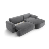 Canapé d'angle droit Ella 4 places avec fonction couchage et coffre de rangement. Revêtement en velours, tissu structuré ou bouclé, 271 x 174 cm.