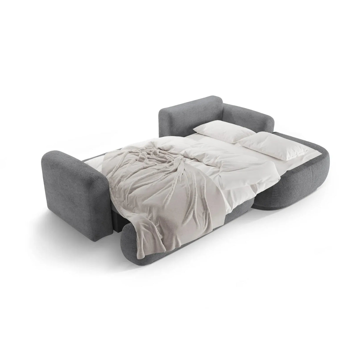 Canapé d'angle droit Ella 4 places avec fonction couchage et coffre de rangement. Revêtement en velours, tissu structuré ou bouclé, 271 x 174 cm.