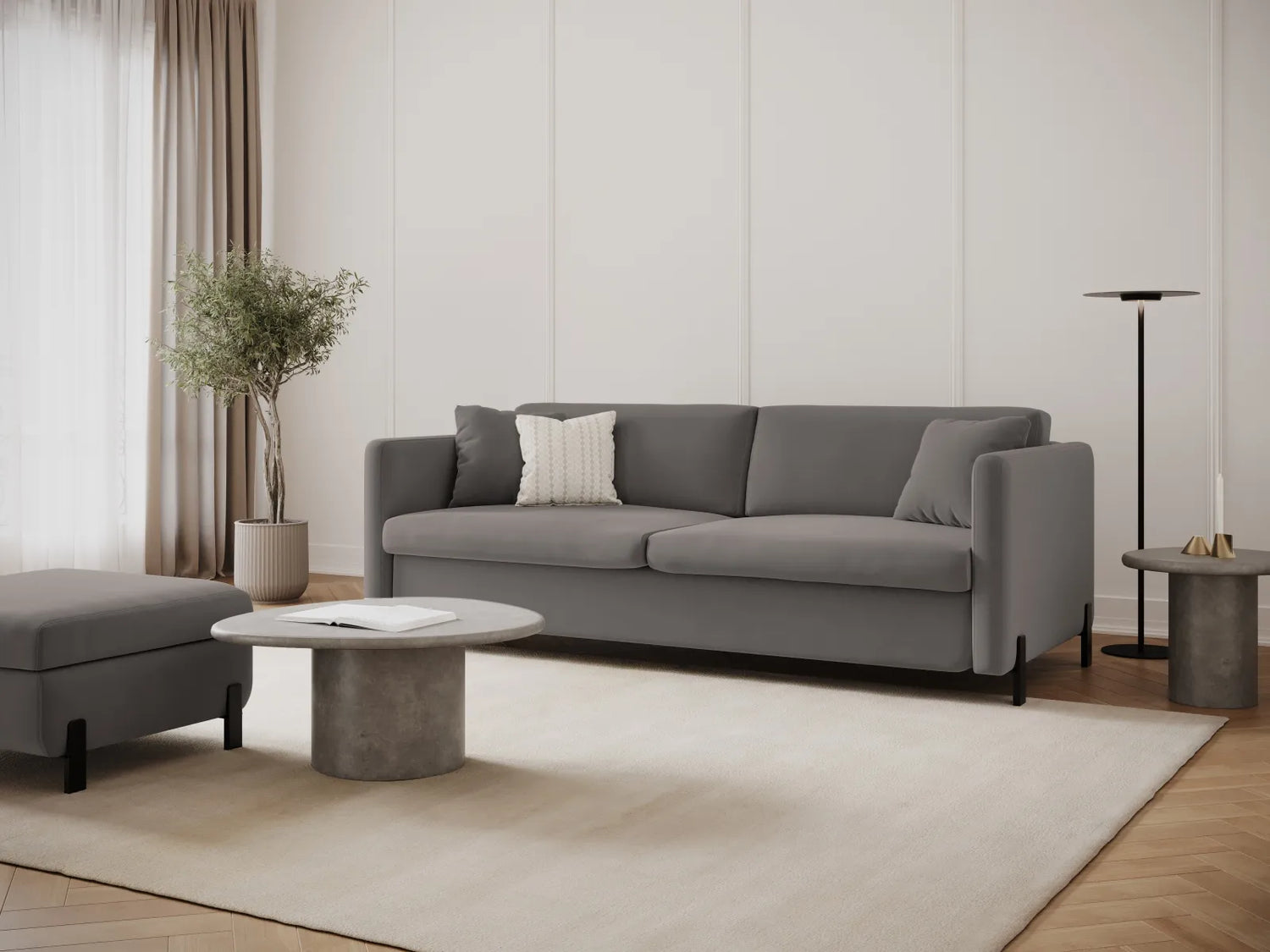 Gloria 3-Sitzer Sofa, ausklappbar, mit Schlaffunktion, mit Bezug aus Samt (Sal17) in Grau, 202x102 cm – Bild 2