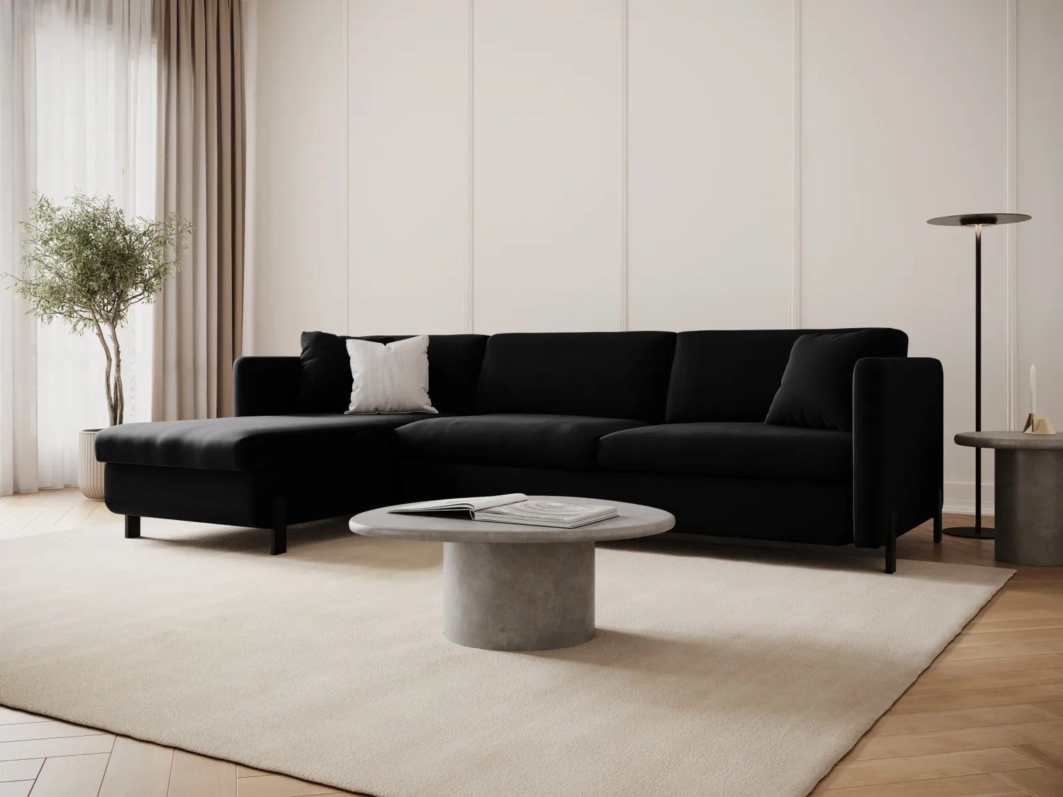 Gloria 4-Sitzer Ecksofa Links, ausklappbar, mit Schlaffunktion, mit Bezug aus Samt (Sal19) in Schwarz, 260x170 cm – Bild 2