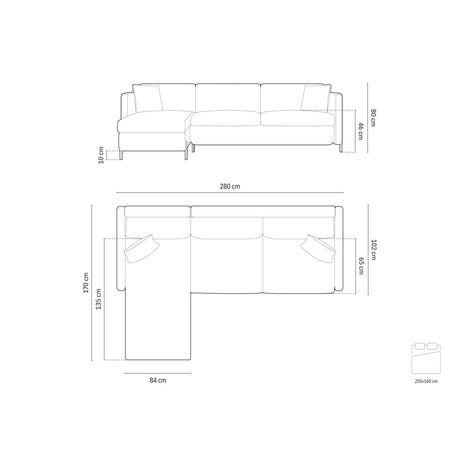 Gloria 4-Sitzer Ecksofa Links, ausklappbar, mit Schlaffunktion, mit Bezug aus Samt (Sal19) in Schwarz, 280x170 cm – Bild 3