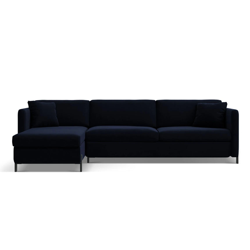 Gloria 4-Sitzer Ecksofa Links, ausklappbar, mit Schlaffunktion, mit Bezug aus Samt (Sal5) in Königsblau, 280x170 cm – Bild 1