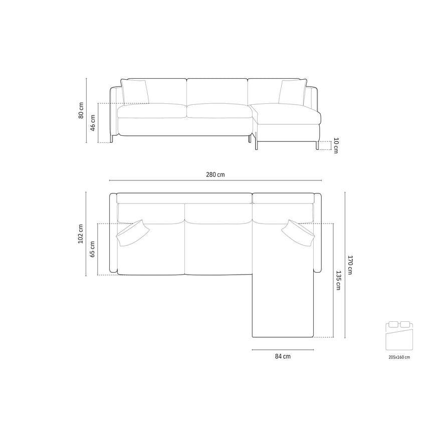 Gloria 4-Sitzer Ecksofa Rechts, ausklappbar, mit Schlaffunktion, mit Bezug aus Samt oder Strukturstoff, 280x170 cm – Bild 3