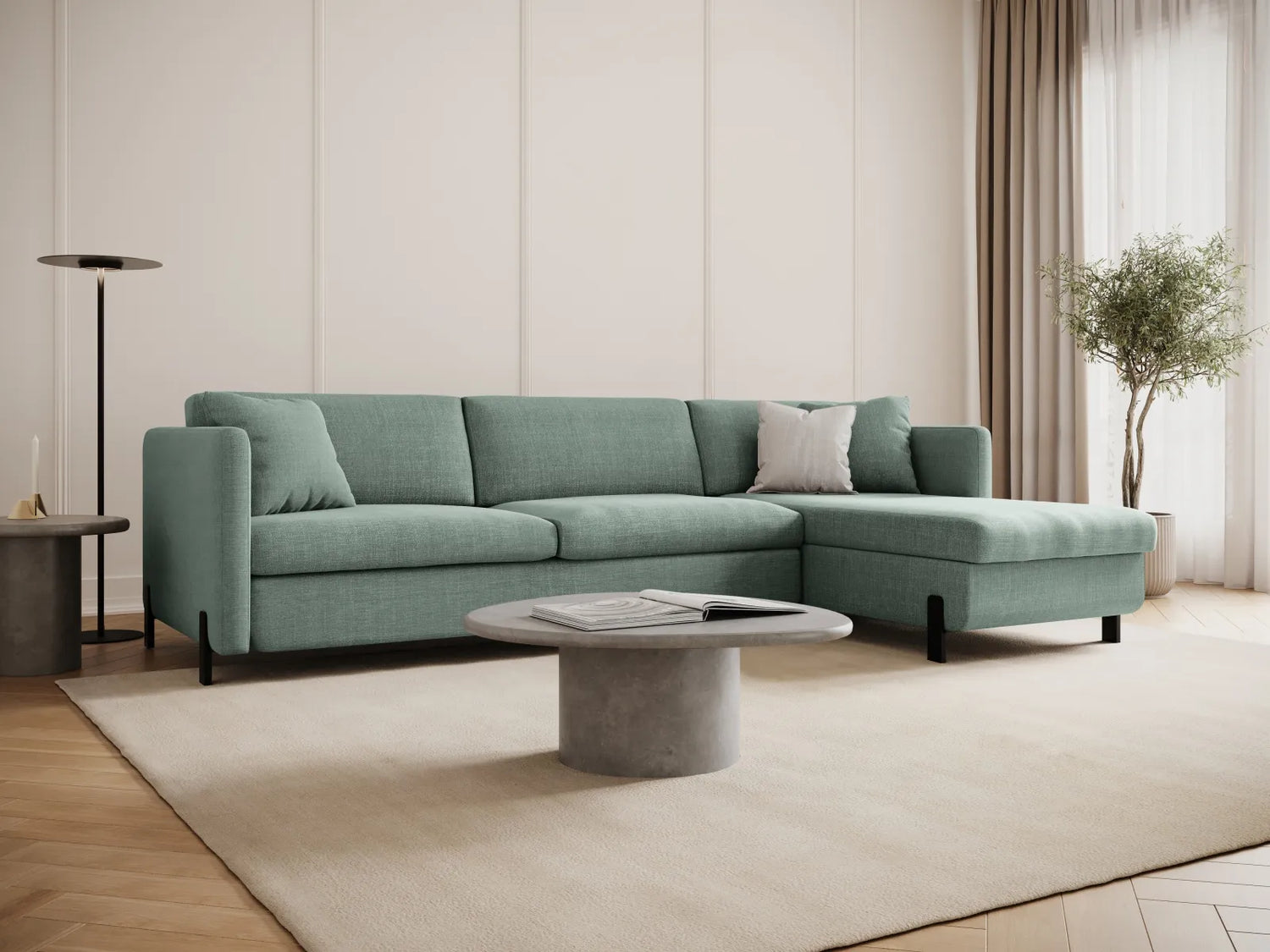 Gloria 4-Sitzer Ecksofa Rechts, ausklappbar, mit Schlaffunktion, mit Bezug aus Strukturierter Stoff (Bjo71) in Mint, 280x170 cm – Bild 2