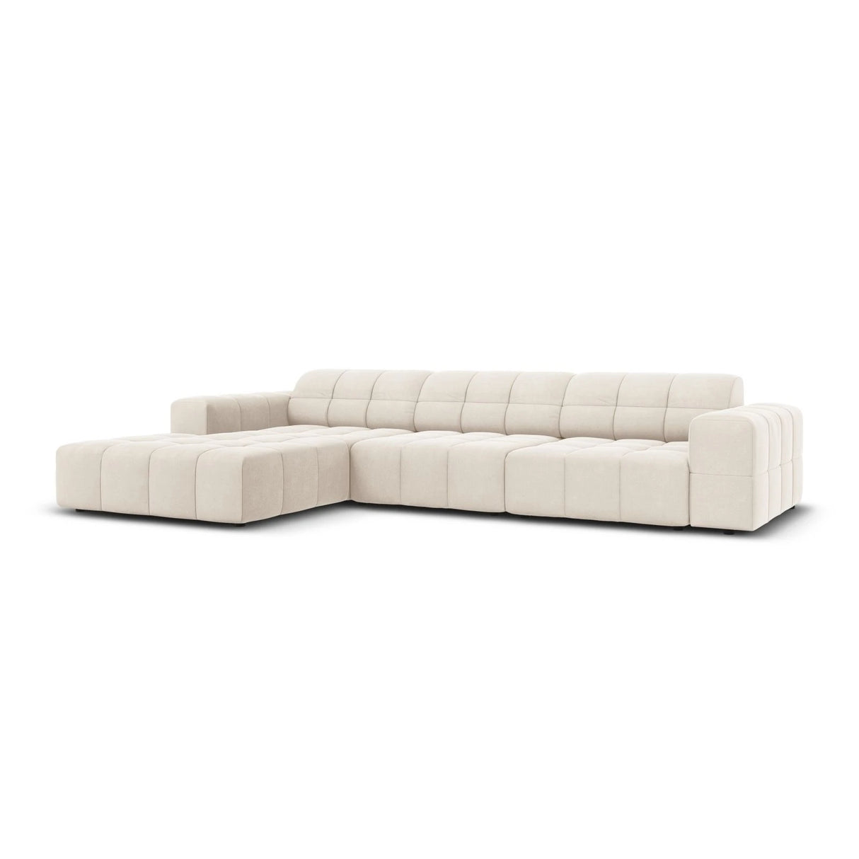 Jennifer 4-Sitzer Ecksofa, Linke Seite, mit Bezug aus Samt (Bluvel 22) in Leichtes Beige, 284x166 cm – Bild 3