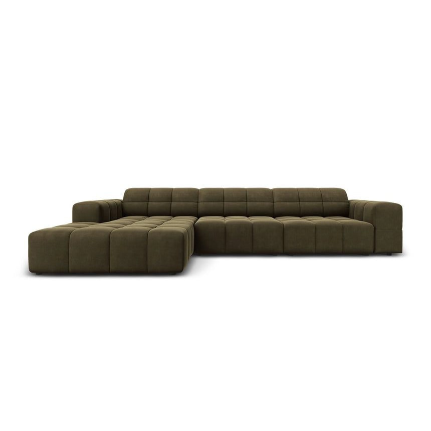Jennifer 4-Sitzer Ecksofa, Linke Seite, mit Bezug aus Samt (Bluvel 77) in Grün, 284x166 cm – Bild 1
