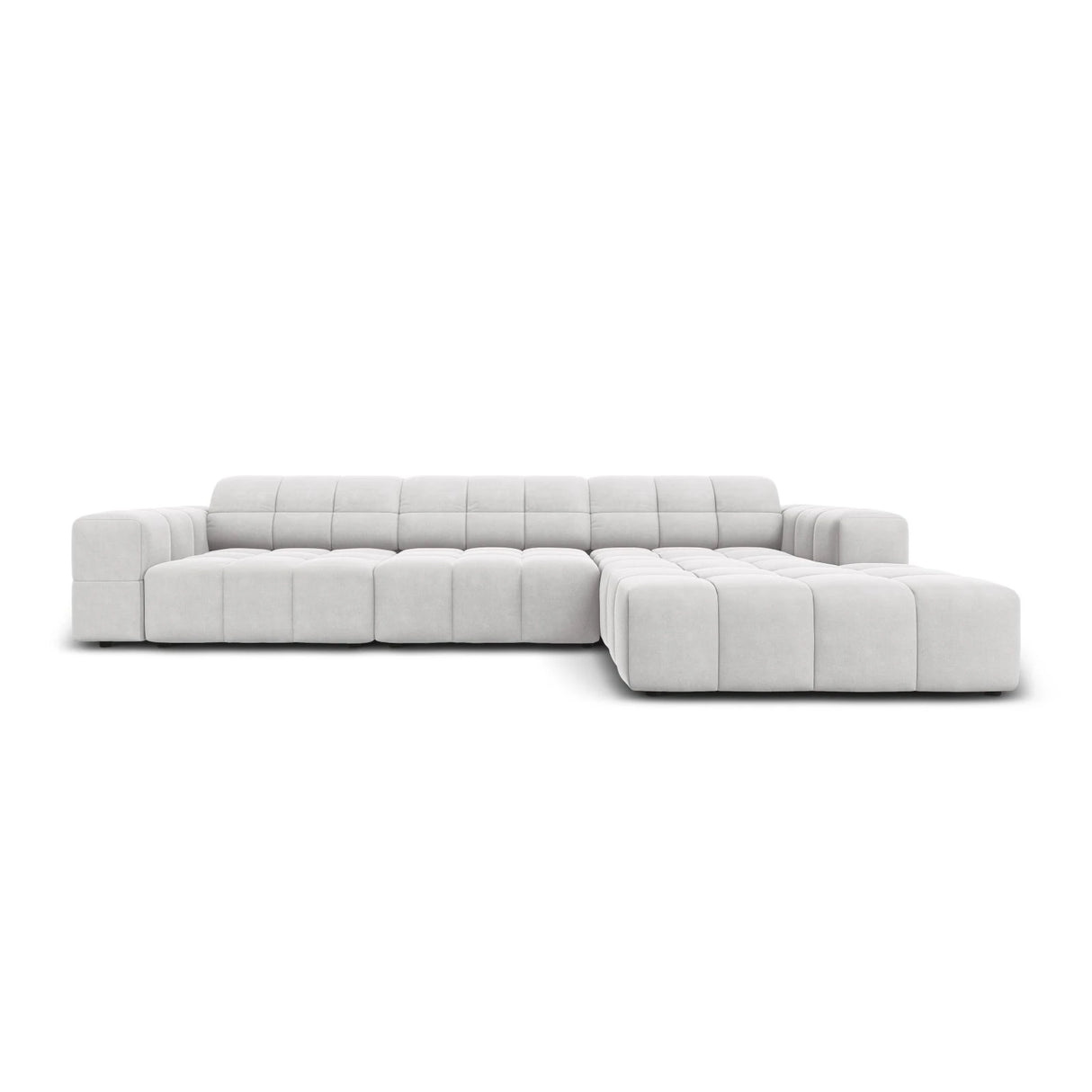 Jennifer 4-Sitzer Ecksofa, Rechte Seite, mit Bezug aus Samt (Bluvel 03) in Silver, 284x166 cm – Bild 1