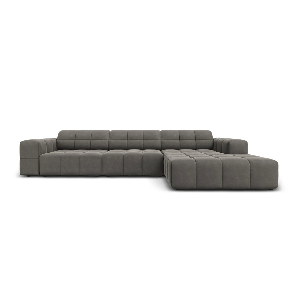 Jennifer 4-Sitzer Ecksofa, Rechte Seite, mit Bezug aus Samt (Bluvel 13) in Hellgrau, 284x166 cm – Bild 1