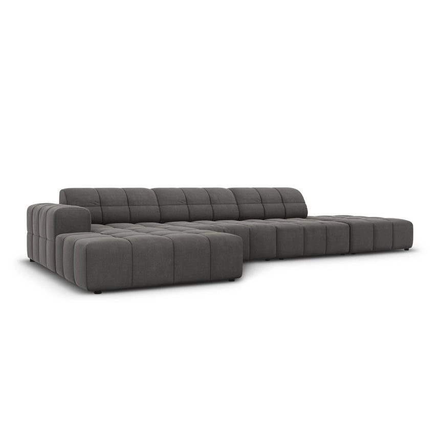 Jennifer 5-Sitzer Ecksofa, Linke Seite, mit Bezug aus Samt (Bluvel 14) in Grau, 341x166 cm – Bild 3