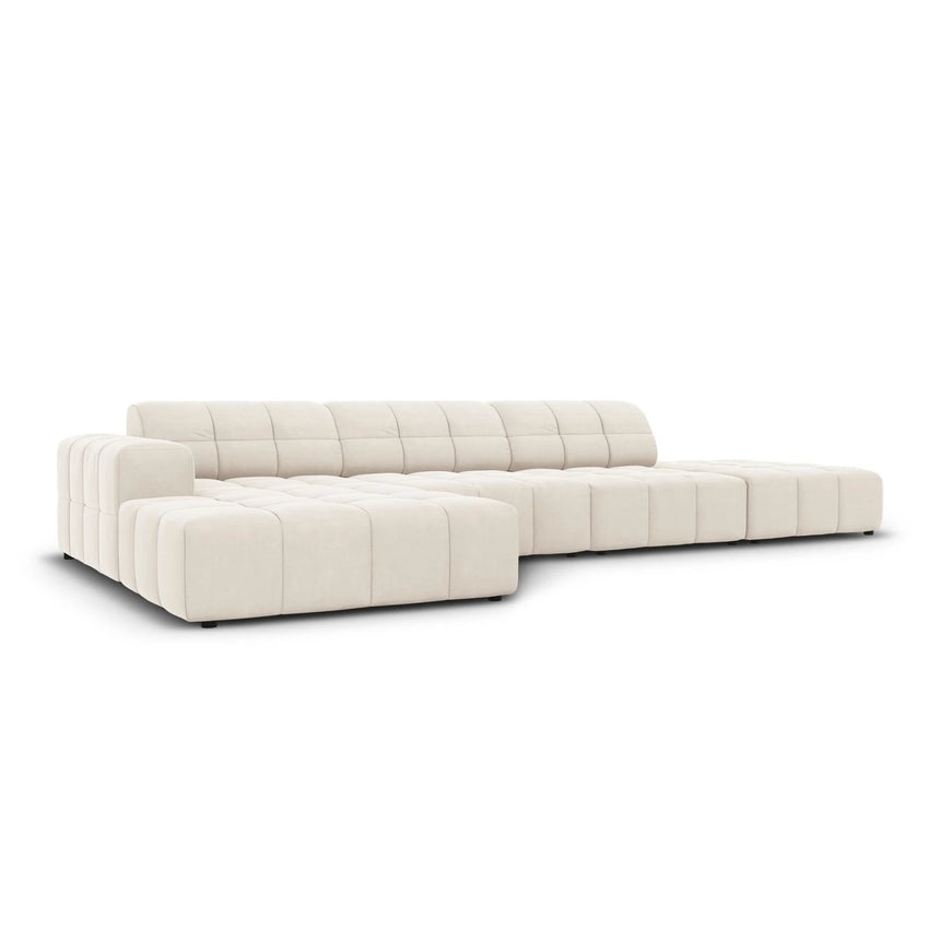 Jennifer 5-Sitzer Ecksofa, Linke Seite, mit Bezug aus Samt (Bluvel 22) in Leichtes Beige, 341x166 cm – Bild 3