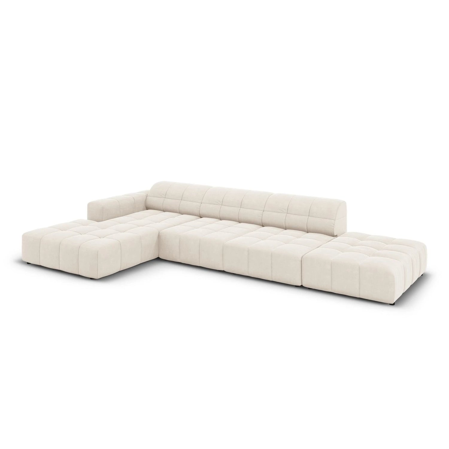 Jennifer 5-Sitzer Ecksofa, Linke Seite, mit Bezug aus Samt (Bluvel 22) in Leichtes Beige, 341x166 cm – Bild 4