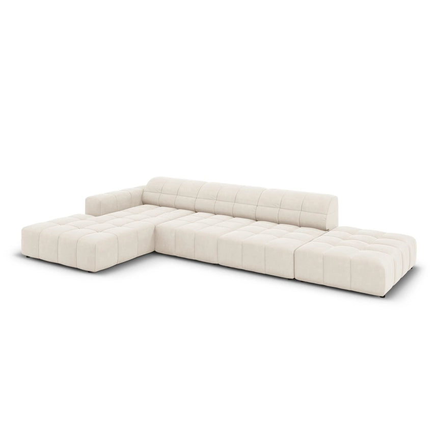 Jennifer 5-Sitzer Ecksofa, Linke Seite, mit Bezug aus Samt (Bluvel 22) in Leichtes Beige, 341x166 cm – Bild 4