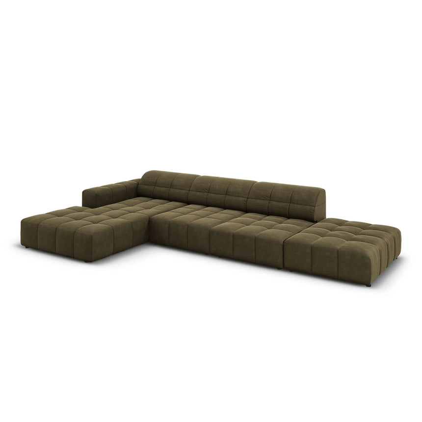Jennifer 5-Sitzer Ecksofa, Linke Seite, mit Bezug aus Samt (Bluvel 77) in Grün, 341x166 cm – Bild 4