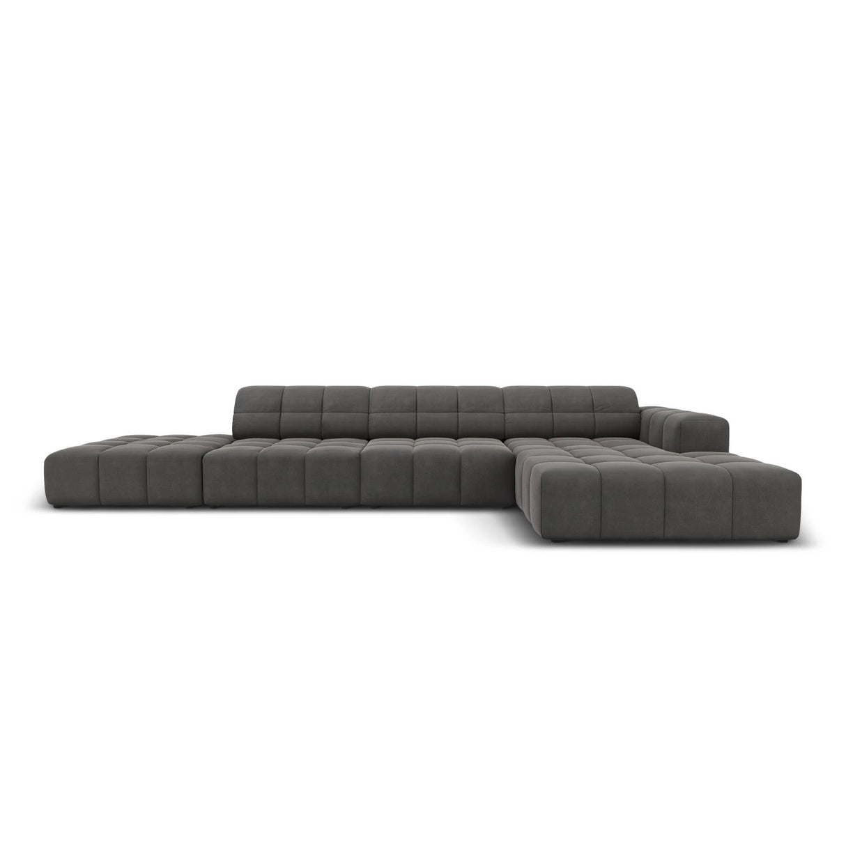 Jennifer 5-Sitzer Ecksofa, Rechte Seite, mit Bezug aus Samt (Bluvel 14) in Grau, 341x166 cm – Bild 1