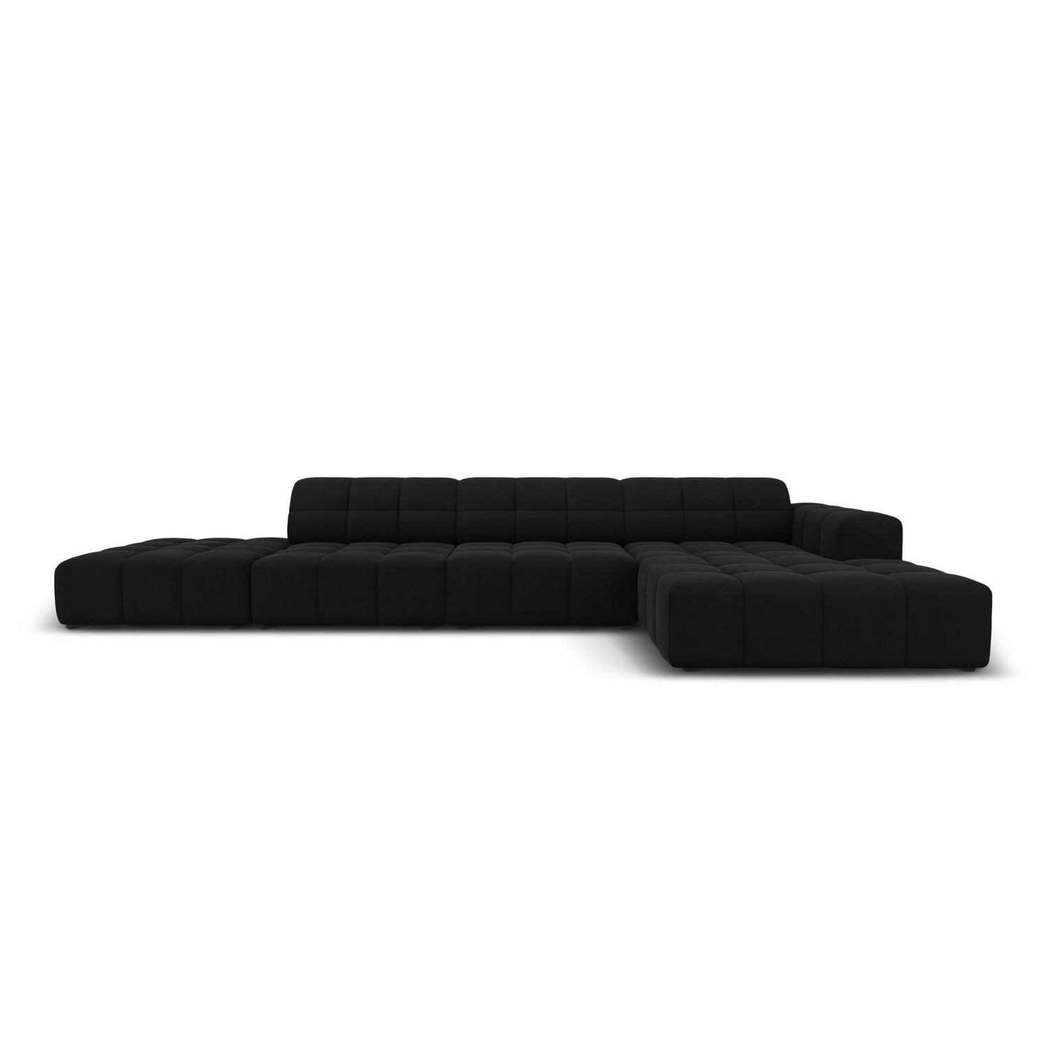 Jennifer 5-Sitzer Ecksofa, Rechte Seite, mit Bezug aus Samt (Bluvel 19) in Schwarz, 341x166 cm – Bild 1