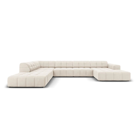 Jennifer 7-Sitzer Panorama-Sofa Links, mit Bezug aus Samt (Bluvel 22) in Leichtes Beige, 364x262 cm – Bild 1