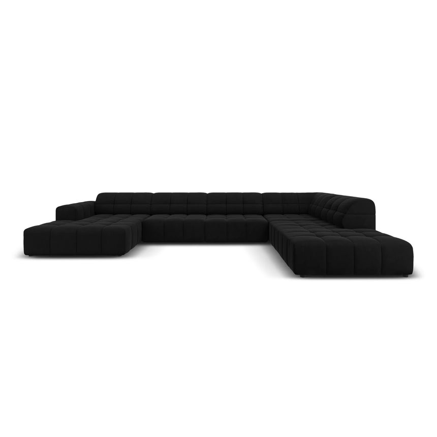 Jennifer 7-Sitzer Panorama-Sofa Rechts, mit Bezug aus Samt (Bluvel 19) in Schwarz, 364x262 cm – Bild 1