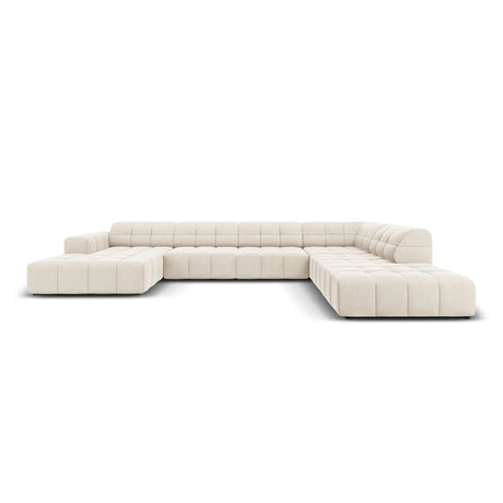 Jennifer 7-Sitzer Panorama-Sofa Rechts, mit Bezug aus Samt (Bluvel 22) in Leichtes Beige, 364x262 cm – Bild 1